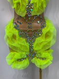 Women Sexy Sparkly Diamonds Strapless Mesh See Through Mini Dress Evening Party Birthday Nightclub Bar Stage Performance Costume