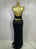 Elegant Luxury Chain Sexy Mesh See Through Halter Low-Neck Backless Sleeveless Long Dress Women Club Party Prom  Holiday Dresses