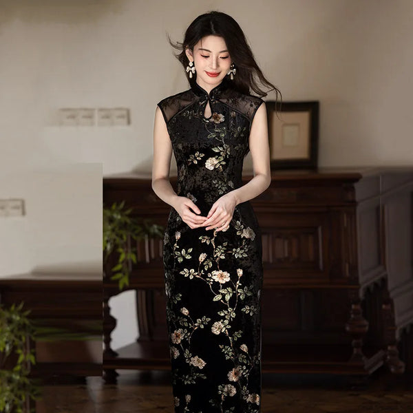 Qipao Dress Autumn New Retro Traditional Mandarin Collar Long Style Printed Velvet Sleeveless Slimming Elegant CheongsamDress