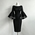 Women's Slim O-neck Midi Dress for Women Flared Sleeves Bodycon Dress 2026 Stylish Contrast Trims Elegant Party Dress