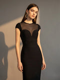 Black Burgundy Sexy Mesh Patchwork Bodycon Midi Bandage Elasticity Dress Women's Basic Fashion Club Party Vestidos