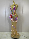 Sexy Halter Mesh See Through Long Dress Women Sparkly Diamonds 3D Flower Evening Party Birthday Photoshoot Nightclub Stage Wear