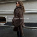 Winter 2026 New Stylish Mocha Brown Belted Wrap Fur Coat Women Street Fashion Girls Fluffy Faux Fox Fur Jacket Overcoat