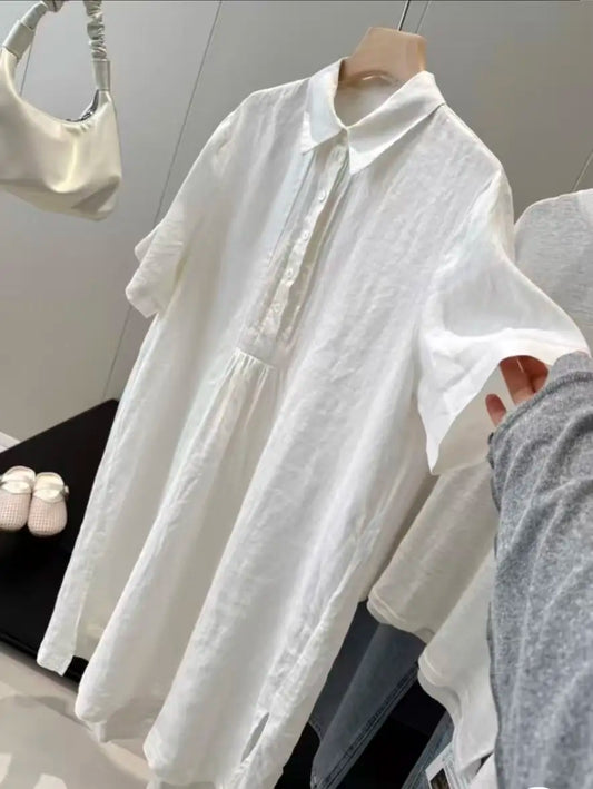 Original: 100% Linen, High-quality, Summer New Women's Clothing Series Short-sleeved Linen Blouse-style Dress