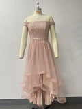 Sexy Shoulder Bared Formal Evening Gown with Asymmetrical Hem Tulle Ball Dress Glitter Birthday Party Christmas Dresses