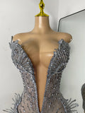 Sparkly Rhinestones Women Sexy Mesh See Through Short Sleeveless Party Nightclub Performance Costume Stage Wear