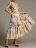 Luxurious Party Folds Design Draped Dress for Women V Neck Flying Sleeve Tunic Floral Printing Vintage Midi Dresses Female