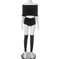 Summer 2 Piece Set Women Simple Trend Slash Neck Mid Sleeve Crop Tops+Shorts+Foot Cover Matching Streetwear Outfits