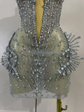 2026 Sexy Deep V Mesh See Through Mini Dress Women Sparkly Silver Diamonds Eveing Party Birthday Bar Nightclub Stage Costumes
