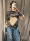 Women's Brown Beige Plaid Knitted Sweater Fashion Off Shoulder Patchwork Loose Blouse Lady Autumn Winter Casual Outerwear