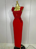 Women Red 3D Floral Beading Pearl Sexy Sleeveless Bodycon Long Bandage Dress Elegant Club Party Birthday Wedding Prom Wear