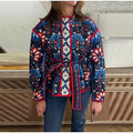 Floral Print Tie Waist Quilted Cotton Jacket  Stand Collar Loose Fit 2026 Spring Women Bohemian Vintage Daily Fashion Outerwear
