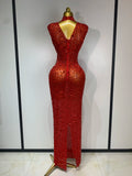 Sparkly Rhinestone Sleeveless Stretch Long Dress Women Sexy Mesh Celebrate Evening Prom Luxury Birthday Dress Evening Party Wear