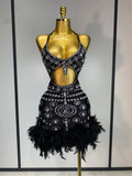 Women Sexy Halter Crystal Feathers Bodycon Mini Dress Nightclub Performance Stage Outfit Luxury Birthday Photo Shoot Dress