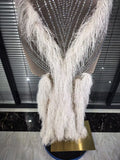 Women Sexy Strapless Sparkly Diamonds Tassel Mesh See Through Dress Celebrate Birthday Evening Party Nightclub Stage Costume