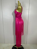 Sexy V-Neck Sleeveless Tassel Bodycon Bandage Dress Women Celebrity Elegant Nightclub Evening Party Birthday Wedding Guest Dress