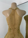 Sparkly Gold Design Evening Party Dress Luxury Rhinestones See Through Sexy Women's Clothing Mesh Stretch Birthday Dresses