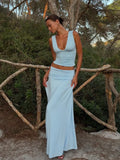 Chic Light Blue 2 Piece Outfit Women Deep V Neck Sleeveless Ruched Crop Top Low Waist Flowy Maxi Skirt Suit Party Matching Sets