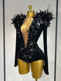 Women Sparkly Gold Rhinestone Black Velvet Long Sleeve Bodysuit Evening Party Club Gala Hosts Night Club Bar Stage Costumes