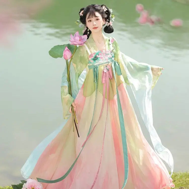 Olivegirl Embroidered Lotus Hanfu Dress Cute Tang Style Cross Dyed Elegant Lady Vintage Stage Costume Dance Hanfu Sets Cosplay