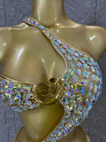 Gold Luxurious Black Bodysuit Women Sexy Halter Neck Iridescent Crystal Embellished Cutout Outfit Stage Performance Costume