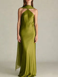 Elegant Satin Halter Floor length Dress for Women Draped Scarf Detail Sleeveless Fitted Column Mermaid Evening Party Gown