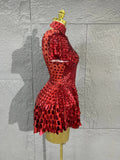 Lady Fish scales shell sequins Scale Sequin Bodysuit HighNeck Short Sleeve Ruffle Skirt Costume For Women Nightclub Stage Wear