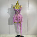 Sexy Mesh Ruffled See-Through Mini Dress Women Evening Prom Sparkly Rhinestones Birthday Party Photoshoot Nightclub Stage Wear