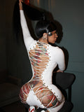 Cross Bandage Hollow Design Jumpsuits Woman o-Neck Full Sleeve Backless Skinny Peach Hip Sexy Club Party Overalls