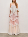 Gradient Color Runway Spaghetti Strap Maxi Dress for Women Strapless Spliced Ruffles Sweet Lace Edge Cake Dresses Female New