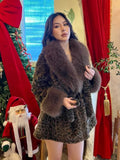 Leopard Print Faux Fur Jacket Womens Long Sleeve Fur Collar Cuff Pockets Coat Autumn Party Winter Streetwear Trendy Outerwear