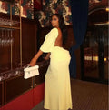 Chic Yellow Backless Lace Up Slit Dress Women Pleated Half Sleeved Waist Cinched Dresses Lady 2026 Spring New Evening Party Robe