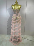 Sexy Strapless Mesh Ruffled Pink Long Dress Sparkly Diamond Birthday Evening Party PhotoShoot SeeThrough Nightclub Stage Costume