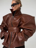 Streetwear Faux Leather Jacket for Women High Neck Zip Front Shoulder Pad Belted Waist Oversized for Autumn Outfits