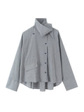 Minimalist Casual Style Gray Oversized Shirt for Women Stand Collar Long Sleeve Buttons Accent for Office Commute