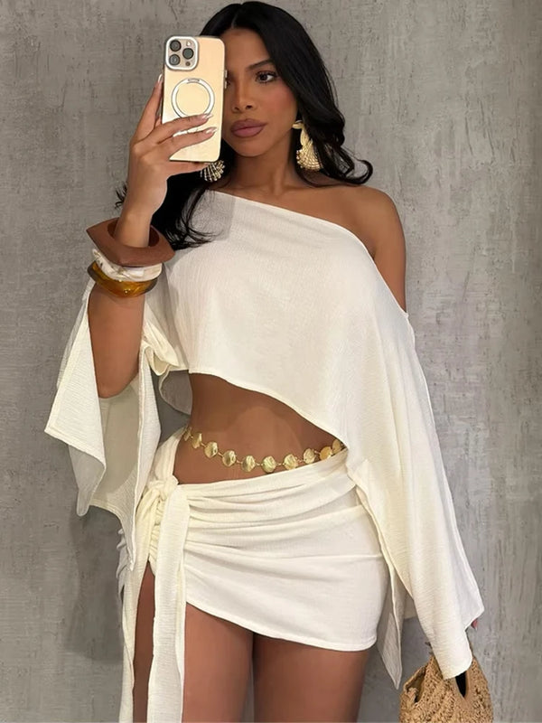 Sexy 2 Piece Set Women Skew Collar Loose Crop Tops+Ruched Knot Ribbon Skirt Matching Beach Vacation Party Club Suit