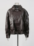 French Retro Pu Leather Jacket for Women Stand Collar Long Sleeve Patchwork Button Temperament Loose Coat Female