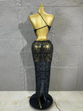 Black Mesh Rhinestone Mermaid Maxi Dress Hollow Cut Out BacklessBodycon Long Gown Women Club Night StageBirthday Party Outfit