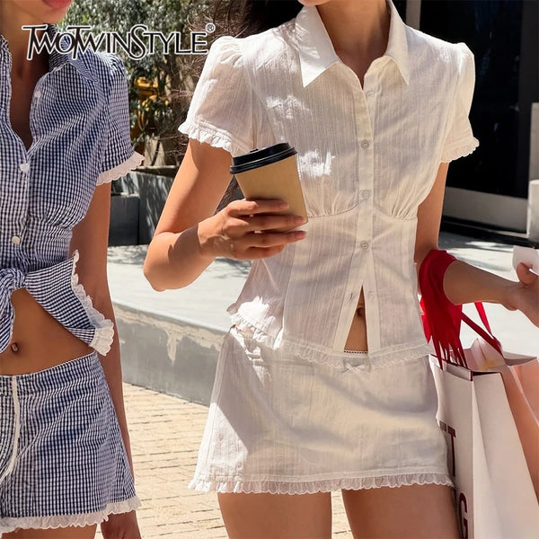 Solid Two Peice Set for Women Lapel Short Sleeve Shirt Low Waist Spliced Fungus Edge Mini Skirt Sweet Suit Female