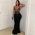 Women's Sheer Mesh Velvet Sequins Maxi Dress Sexy Straps Backless Sequins Maxi Dress Evening Gowns Sexy Birthday Outfits