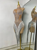 Sparkly Rhinestones Pearls Women Sexy Sleeveless High Split Mesh See Through Birthday Dress Nightclub Party Performance Costume