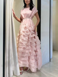 Elegant Spliced Tiered Ruffles Dress for Women O Neck Sleeveless Patchwork Lace Up Slim Formal Evening Puff Dresses Female