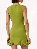 Sleeveless Crew Neck Knit Mini Dress for Women Solid Color 3D Layered Ruffle Trim Bodycon for Club Cocktail Night Out Party