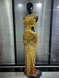 Gold Luxury Long Dress Rhinestones Women Singer Mirror for Celebrity Evening Party Catwalk Prom Outfit Stage Photo Shoot Dresses
