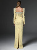Sparkling Luxury Diamond Crystal Square Neck Slim Long Dress Women'S Elegant Celebrity Evening Party Wedding Gowns