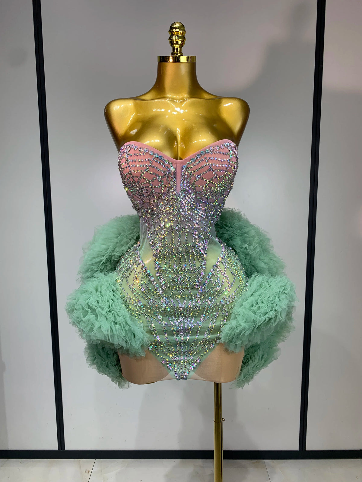 Women Sexy Strapless Backless Green Diamonds Mesh Dress Birthday Party Costume Bar Nightclub Singer Stage Performance Outfit
