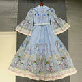 Blue Retro Romantic Floral Print Swing Dress for Women Stand Collar Flare Sleeve Waist Tie Design Mid Skirt for Travel Shoot