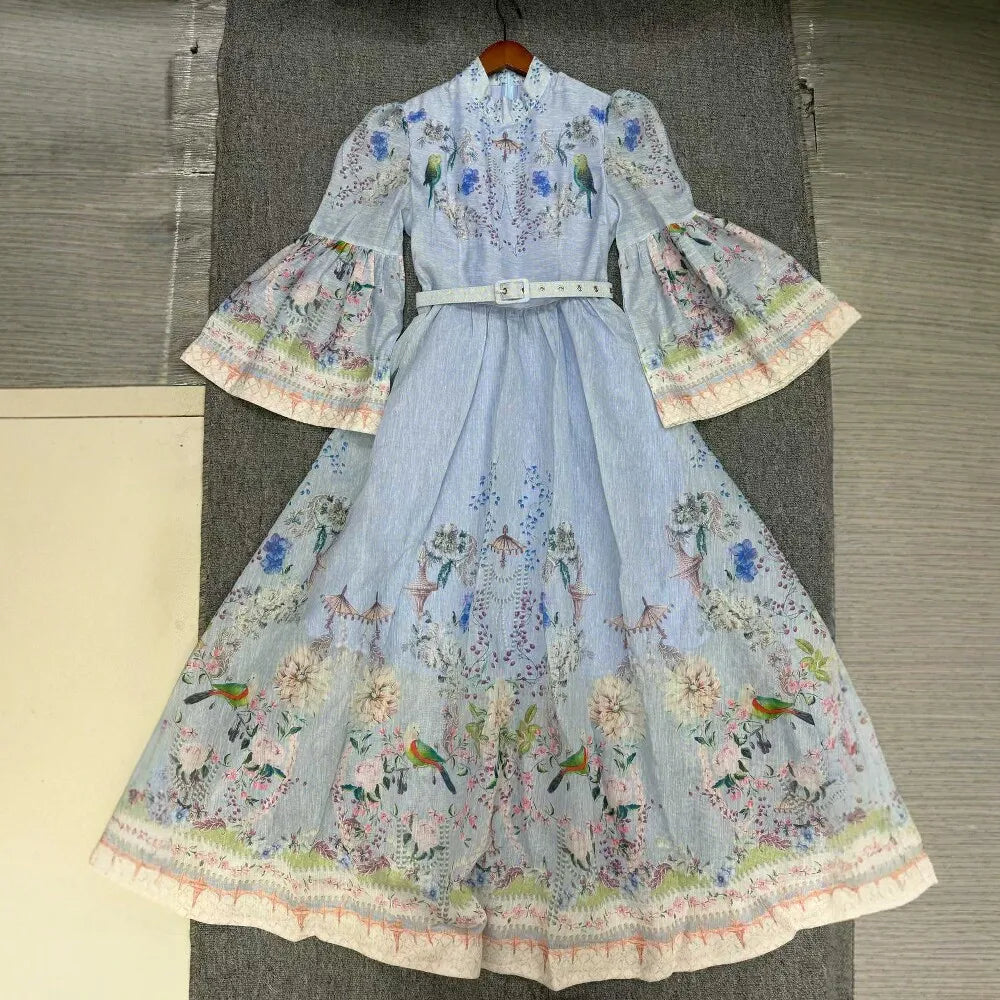 Blue Retro Romantic Floral Print Swing Dress for Women Stand Collar Flare Sleeve Waist Tie Design Mid Skirt for Travel Shoot