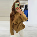 Women Suede Jacket Stand Collar Asymmetric Button Belted Waist Peplum Hem Long Sleeve Loose Retro Casual Outerwear Fashion Coat