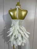 Luxury Rhinestone Sexy Halter Feather White Mini Dress Celebrate Evening Party Birthday Dress Stage Performance Dance Costume
